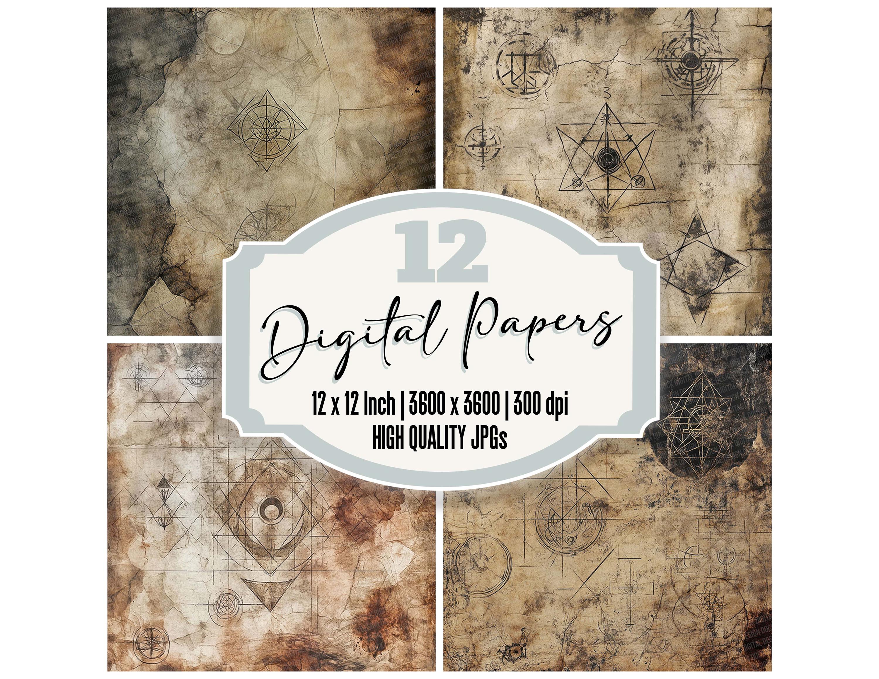 12x Alchemy Junk Journal Paper, Mystical Digital Paper Pack