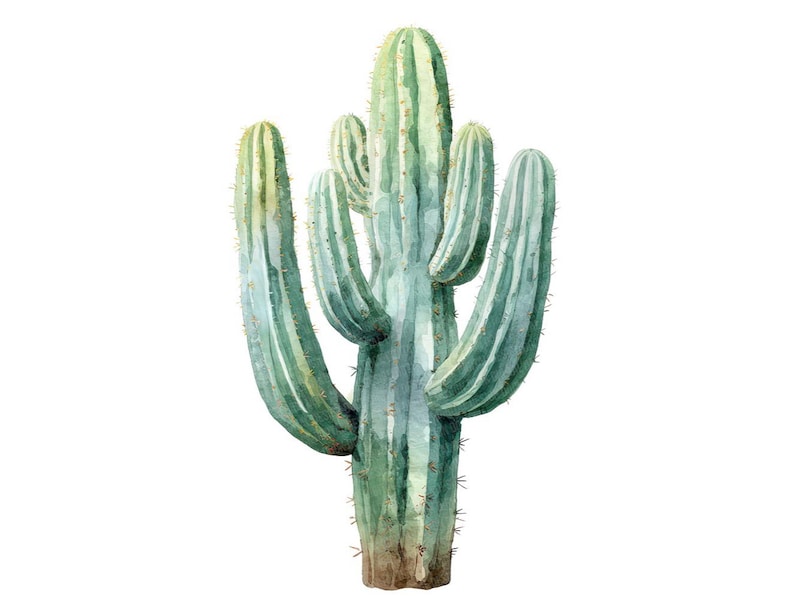 May include: Watercolor illustration of a tall, multi-branched cactus. The cactus features a green and blue-green color palette with vertical stripes. The base is a brown color, and the cactus has small, spiky details.