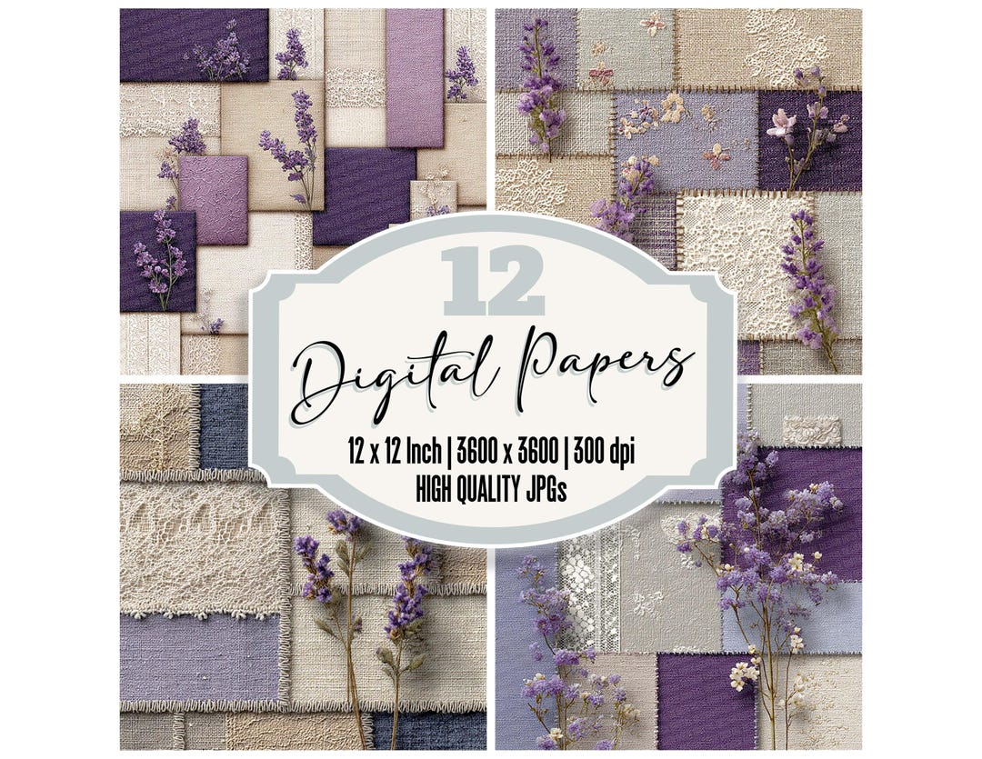 12x Lavender Patchwork Junk Journal Paper Digital Paper Pack Linen ...