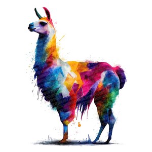 May include: A colorful watercolor illustration of a llama. The llama is depicted in a vibrant array of colors, including blue, yellow, pink, and purple. The artwork has a modern, artistic style with paint splatters.
