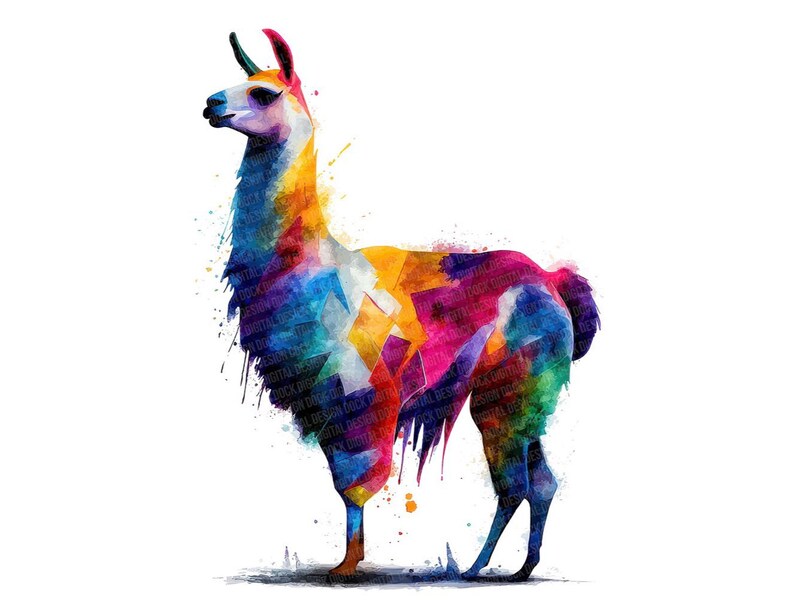 May include: A colorful watercolor illustration of a llama. The llama is depicted in a vibrant array of colors, including blue, yellow, pink, and purple. The artwork has a modern, artistic style with paint splatters.