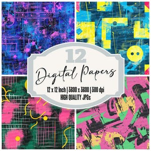 12x 80s Neon Grunge Digital Paper Pack, Retro Geometric Patterns, Junk Journal Paper, High Quality JPGs, Scrapbook Paper, Digital Download