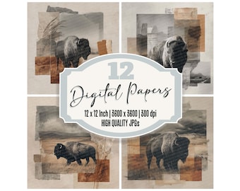 12x Bison Prairie Junk Journal Paper Pack Wild Buffalo Collage Rustic Western Landscape Digital Scrapbook Printable Ephemera Background JPGs