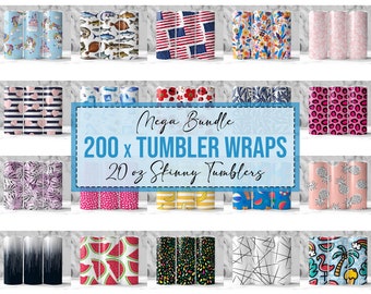 May include: A collection of 200 tumbler wraps for 20 oz skinny tumblers. The wraps feature a variety of designs, including floral, geometric, animal print, and more.