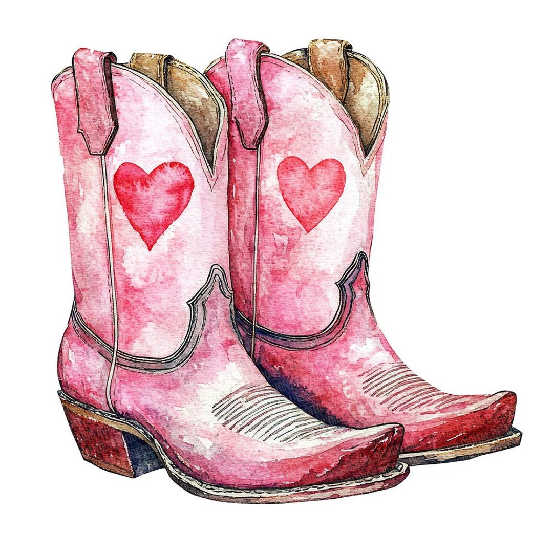 12x Watercolor Cowgirl Boots PNG Clipart, Pink Heart Western Boot Clip ...
