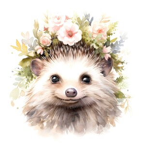 Clipart aquarelle couronne de fleurs hérisson, 12 fichiers JPG, image imprimable hérisson mignon, illustration, art mural, téléchargement numérique, journaux indésirables