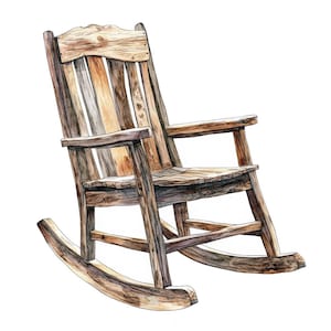 May include: A weathered wooden rocking chair with a wide, slatted back and a curved seat. The chair has a natural wood finish and shows signs of age and use.