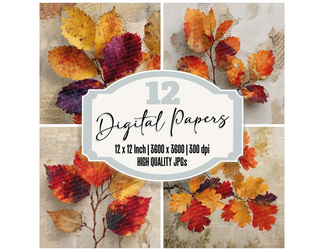 12x Autumn Leaves Book Junk Journal Paper Digital Paper Pack Fall ...