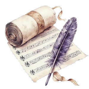 Könnte beinhalten: Ein aufgerolltes Blatt Musik mit einer Federkiel. Das Notenblatt ist mit Noten verziert und die Federkiel ist aus einer violetten Feder.