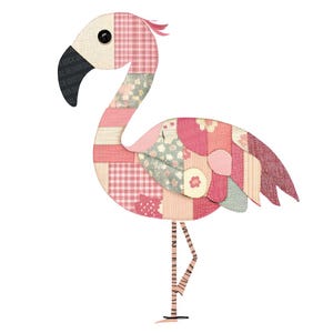 May include: A patchwork flamingo in shades of pink, cream, and red, with a black beak and eye. The bird's body is composed of various fabric patterns, including floral, gingham, and striped designs. The flamingo stands on thin, striped legs against a white background.