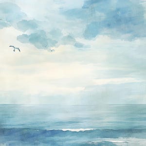 K&ouml;nnte beinhalten: Ein Aquarellbild einer Meereslandschaft mit einem hellblauen Himmel und einem ruhigen, blauen Meer. Der Himmel ist mit flauschigen wei&szlig;en Wolken gef&uuml;llt und ein paar M&ouml;wen fliegen in der Ferne.