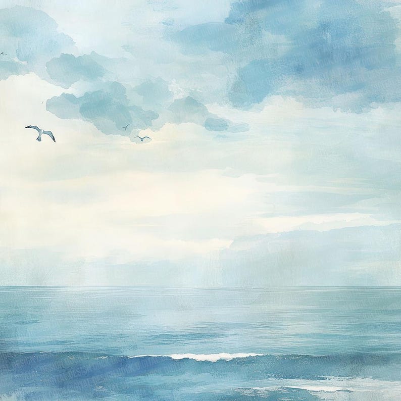 K&ouml;nnte beinhalten: Ein Aquarellbild einer Meereslandschaft mit einem hellblauen Himmel und einem ruhigen, blauen Meer. Der Himmel ist mit flauschigen wei&szlig;en Wolken gef&uuml;llt und ein paar M&ouml;wen fliegen in der Ferne.