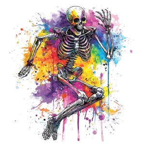 Könnte beinhalten: Detaillierte Illustration eines menschlichen Skeletts in Laufpose. Das Skelett ist in Schwarzweiß gehalten, vor einem lebendigen Hintergrund aus farbenfrohen Aquarellfarbspritzern in Gelb-, Orange-, Lila- und Blautönen.
