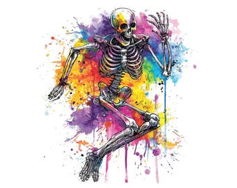 Neon Skeleton PNG Clipart, 12x Watercolor Halloween Clip Art Set, Printable Spooky Art, Digital Download, Transparent PNG, Skeleton Dance
