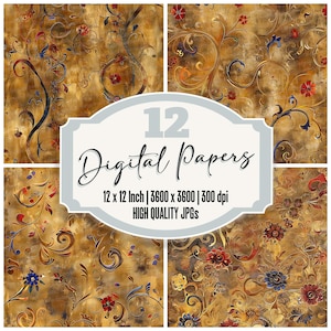 12x Klimt Inspired Junk Journal Paper, Art Nouveau Digital Paper Pack, Ornate Gold Floral Background, High Quality JPGs, Scrapbook Paper