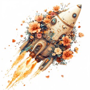 12x Watercolor Rocket Clipart, Floral Spaceship Clipart, High Quality ...