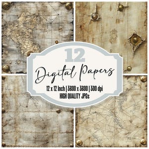 12x Treasure Map Junk Journal Paper, Vintage Digital Paper Pack, Aged Parchment & Nautical Textures, Scrapbook Backgrounds, Digital Download