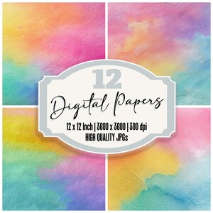 May include: A digital image showcasing four watercolour backgrounds in vibrant hues of pink, yellow, blue, and orange. The image includes the text "12 Digital Papers" and details about the paper size and resolution.