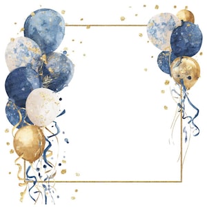 Puede incluir: Ilustración en acuarela de globos en tonos azul, blanco y dorado, con confeti y cintas doradas. Los globos están dispuestos alrededor de un marco rectangular dorado, ideal para invitaciones o anuncios.