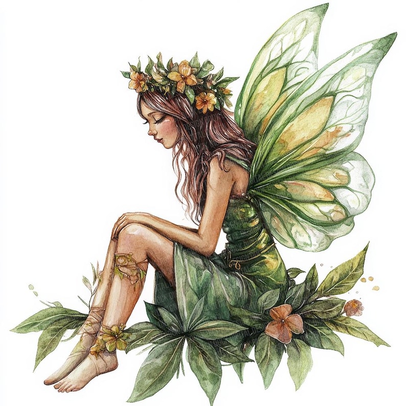 Watercolor Fairy PNG Clip Art, 12x Forest Fairy Clipart Set, Green Leaf ...
