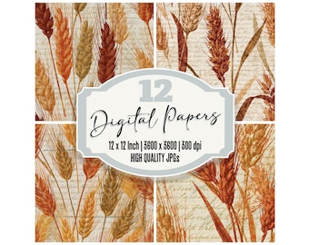 12x Scientific Wheat Junk Journal Paper Rust Ochre Botanical Digital Paper Pack Ephemera Textures Scrapbook Papers Digital Download