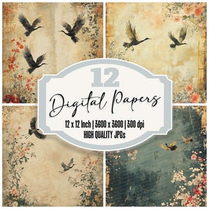 12x Washi Crane Collage Junk Journal Paper Birds Flying Floral Backgrounds High Quality JPGs Digital Download