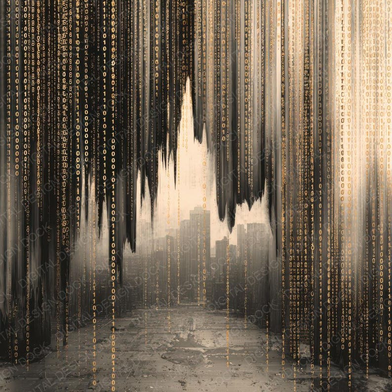 Peut inclure: Impression d'art num&eacute;rique repr&eacute;sentant un paysage urbain dans la brume, avec un code binaire tombant comme la pluie. L'&oelig;uvre utilise une palette de couleurs sourdes de beige, noir et or, cr&eacute;ant une esth&eacute;tique futuriste et abstraite. Le texte "DIGITAL DESIGN DOCK" est visible.