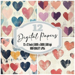 12x Cotton Patch Print Junk Journal Paper Digital Paper Pack Painted Hearts Distressed Quilt Texture High Quality JPGs Printable Paper