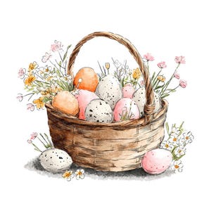 May include: Watercolor illustration of a woven basket filled with decorated Easter eggs. The eggs are in shades of orange, pink, and speckled white. The basket is adorned with sprigs of wildflowers, creating a festive spring scene.