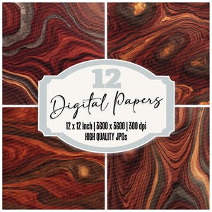 Paquete de 12 papeles digitales de diario de madera de cocobolo con textura de alto contraste y resina granulada, JPG de alta calidad, descarga para álbumes de recortes.
