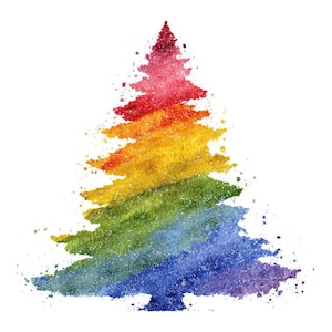 Puede incluir: Ilustración en acuarela de un árbol de Navidad en colores arcoíris. El árbol está compuesto por tonos rojos, naranjas, amarillos, verdes, azules y morados, con un efecto texturizado y salpicado sobre un fondo blanco.