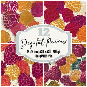 May include: A collection of 12 digital papers featuring a repeating pattern of raspberries in shades of deep magenta, bright red, and golden yellow. The text 12 Digital Papers, 12 x 12 Inch | 3600 x 3600 | 300 dpi, and HIGH QUALITY JPGs is centred.