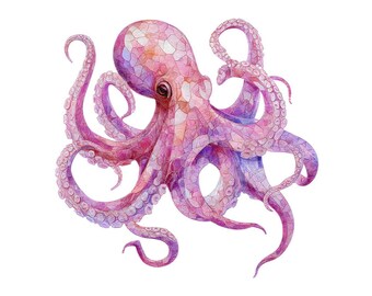 Octopus PNG Clipart, 12x Fabric Style Sea Animals Clip Art Set, Printable Watercolor Clip Art, Transparent Background PNG, Digital Download