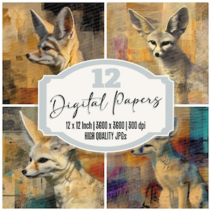 12x Fennec Fox Junk Journal Paper Desert Collage Pack de papier numérique Arrière-plans de carte JPG de haute qualité Papier de scrapbooking à texture vieillie
