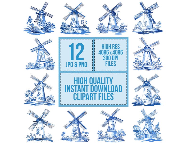 Puede incluir: Doce ilustraciones de acuarela azul y blanco de molinos de viento holandeses con acentos florales. Las ilustraciones son de alta resoluci&oacute;n y perfectas para proyectos digitales.