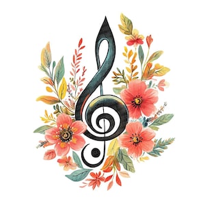 Floral Music Note Clipart, 12x Watercolor Treble Clef Designs, Musical PNG Set,Printable Clip Art,Digital Download,Paper Crafts,Scrapbooking