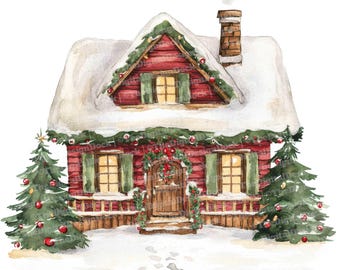 Christmas House Clip Art, 12x Snowy Cottage Holiday Clipart Set, Printable Christmas Clip Art, Digital Download,Xmas Home Decor,Scrapbooking