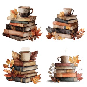 K&ouml;nnte beinhalten: Aquarellillustration von vier B&uuml;cherstapeln, jeweils mit einer Kaffeetasse und Herbstbl&auml;ttern. Die B&uuml;cher sind in Braun-, Orange- und Beiget&ouml;nen gehalten und erzeugen eine gem&uuml;tliche, herbstliche &Auml;sthetik.