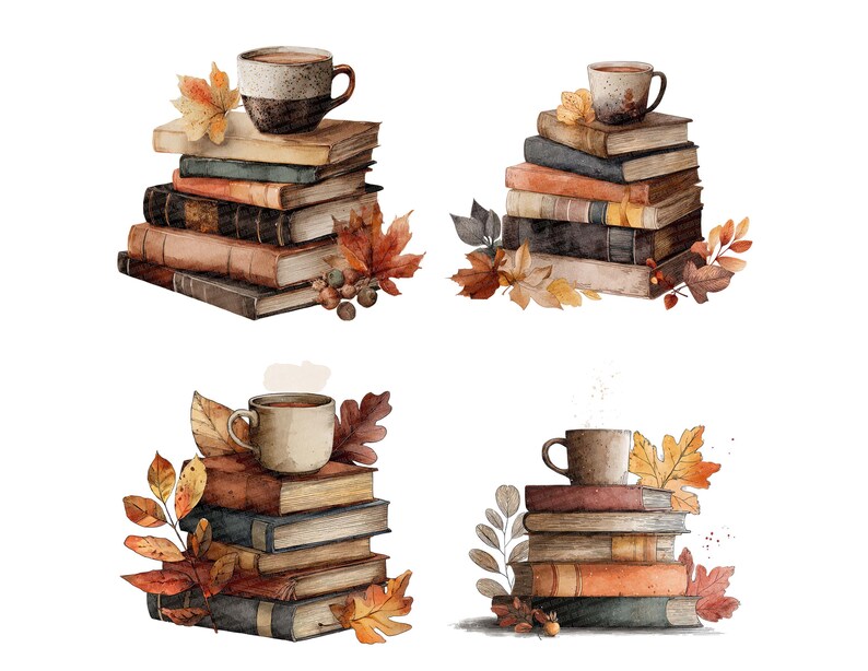 K&ouml;nnte beinhalten: Aquarellillustration von vier B&uuml;cherstapeln, jeweils mit einer Kaffeetasse und Herbstbl&auml;ttern. Die B&uuml;cher sind in Braun-, Orange- und Beiget&ouml;nen gehalten und erzeugen eine gem&uuml;tliche, herbstliche &Auml;sthetik.