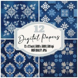 12 x Katazome Junk Journal Paper Indigo Stencil Digital Paper Pack Linnen Resist Texture Hoge kwaliteit JPG-bestanden Scrapbook downloaden