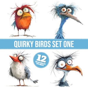 Schrullige Vögel Set Clipart, 12 JPGs, lustige Vögel druckbare Bild, niedliche Karikatur Illustration, Wandkunst, digitaler Download, Junk Journals