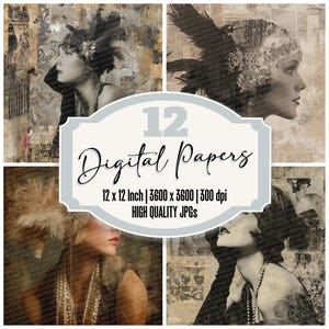 12x collage di carta da giornale di donne flapper degli anni '20, carta digitale, texture glamour vintage, JPG di alta qualità, album di ritagli decorativi da scaricare