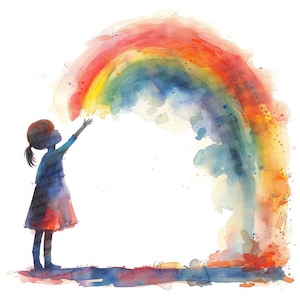 Rainbow Girl PNG Clipart, 12x Girl Reaching for Rainbow Art Set, Printable Watercolor Clip Art, Digital Download, Transparent Background PNG