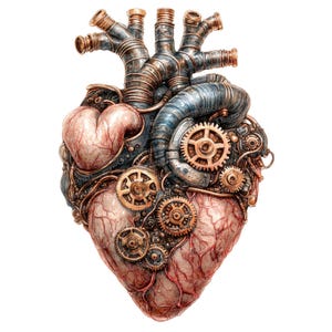 12 imágenes prediseñadas de corazón steampunk, corazón anatómico mecánico, engranajes y tuberías, imágenes prediseñadas de acuarela imprimibles, manualidades de papel, arte mural, descarga digital