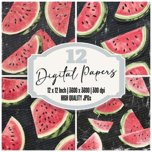 12 Farmhouse Digital Paper Chalk Watermelon Frame Junk Journal Paper Vintage Fruit Borders Scrapbook High Quality JPGs Download
