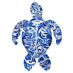 May include: Blue and white watercolour sea turtle with a floral pattern. The turtle is outlined in white and the floral pattern is filled with blue watercolour.