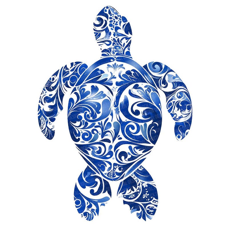 May include: Blue and white watercolour sea turtle with a floral pattern. The turtle is outlined in white and the floral pattern is filled with blue watercolour.