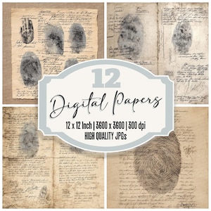 May include: Twelve digital papers featuring vintage style fingerprint patterns on a background of old handwritten text. Each paper is 12 inches by 12 inches and 3600 pixels by 3600 pixels at 300 dpi.