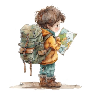 Op de afbeelding: Een jong persoon met bruin haar draagt een geel jack en een blauwe spijkerbroek en kijkt naar een kaart. Ze dragen een groene rugzak met bruine leren banden.