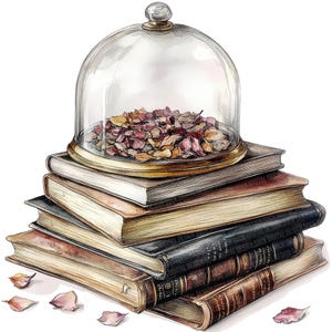 Libros bajo una campana de cristal PNG Clip Art, 12x Pila de libros vintage Clipart PNG Set, Clip Art de acuarela imprimible, Descarga digital,